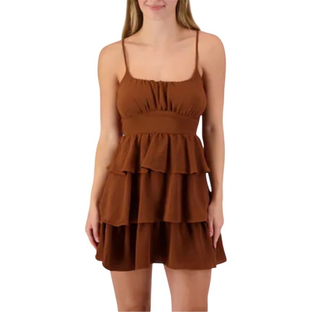 Originality Rust Brown Tiered Ruffle Mini Dress Smocked Back Tie L NWT $58
